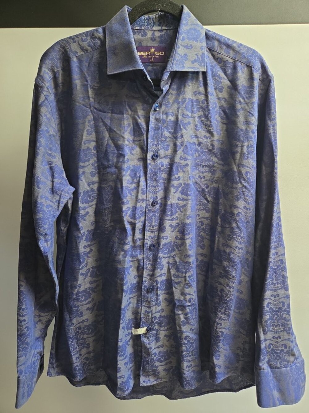 Bertigo Shirt Mens L Blue Paisley Slim Fit 100% Cotton Button Long Sleeve